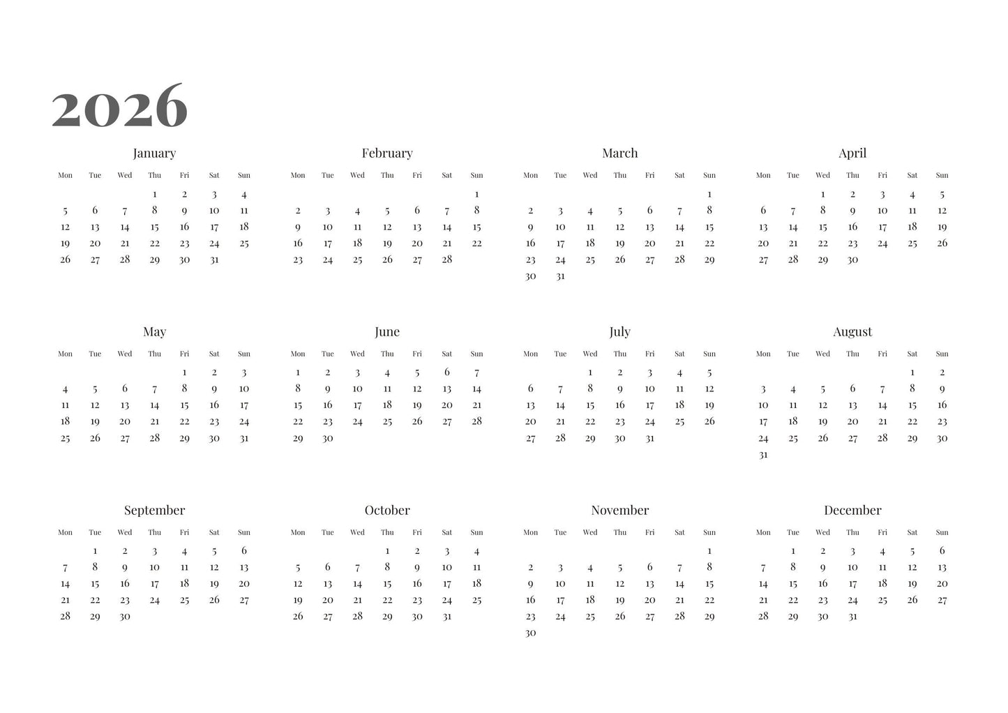 2026年カレンダーシート(月曜始まり)